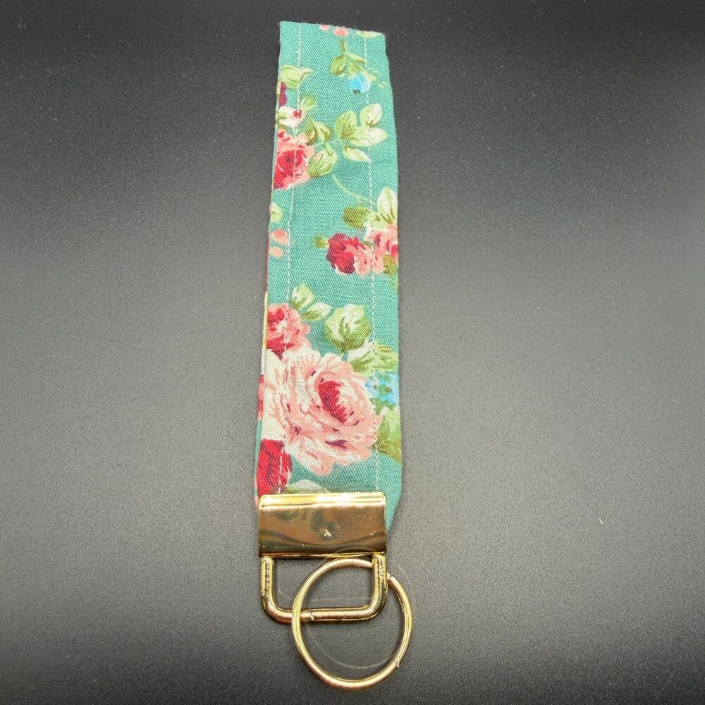 Handmade Teal Floral Wristlet Keychain Strap